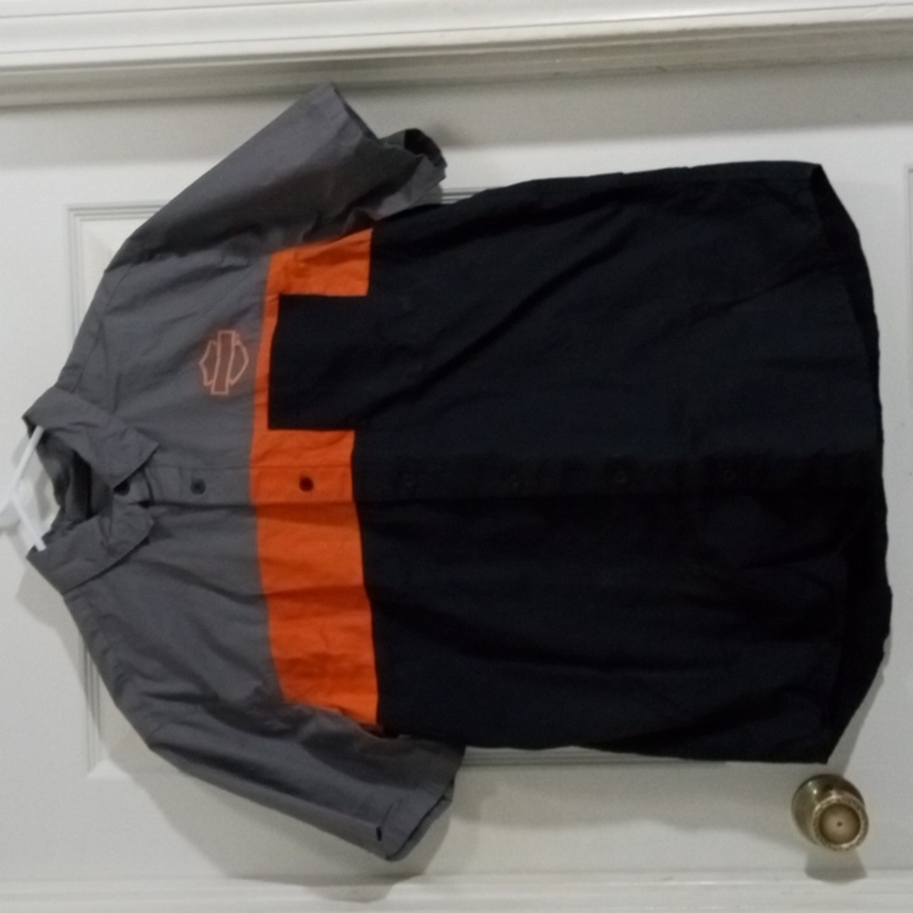 Harley-Davidson Black/Orange Short Sleeve Button Up Shop Shirt Mens Large